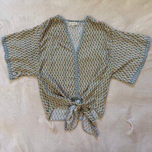 MAX STUDIO Yellow Floral Tie Front Flutter Sleeve Blouse Women’s Small